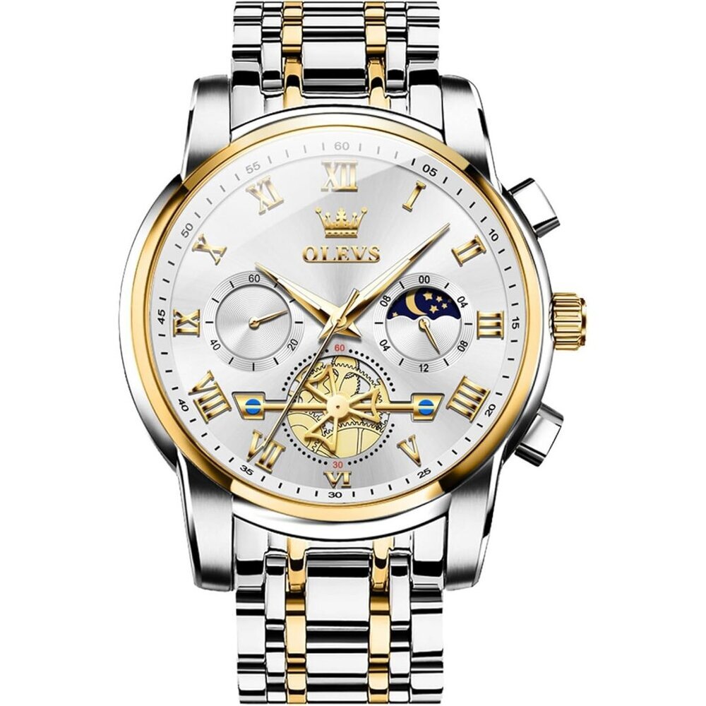 Olevs Men's Gold Silver Band and White Minimal Waterproof Stainless Steel Watch
